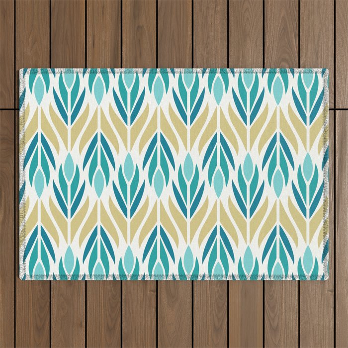 Mid Century Modern Abstract Floral Pattern in Turquoise Teal Aqua and Marigold Outdoor Rug Gallery Image 1