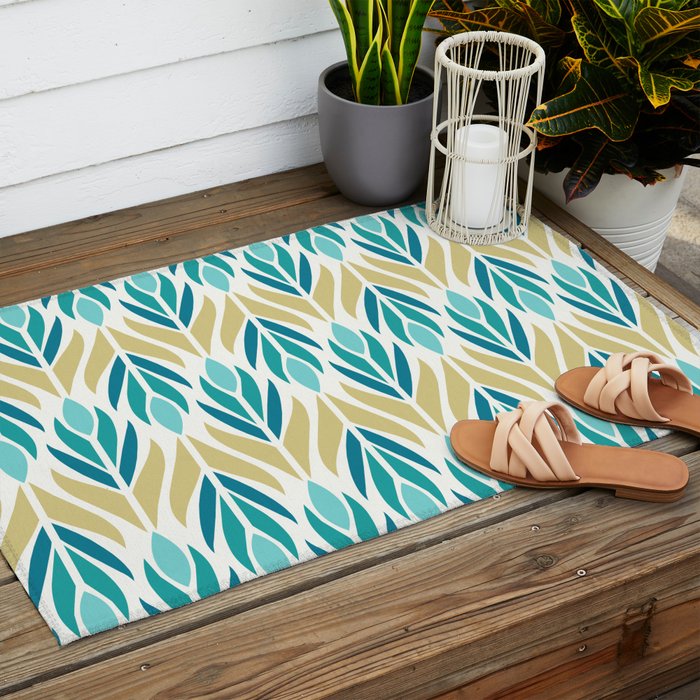 Mid Century Modern Abstract Floral Pattern in Turquoise Teal Aqua and Marigold Outdoor Rug Gallery Image 2