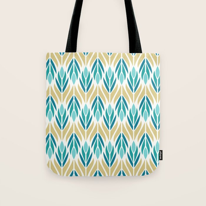 Mid Century Modern Abstract Floral Pattern in Turquoise Teal Aqua and Marigold Tote Bag Gallery Image 1