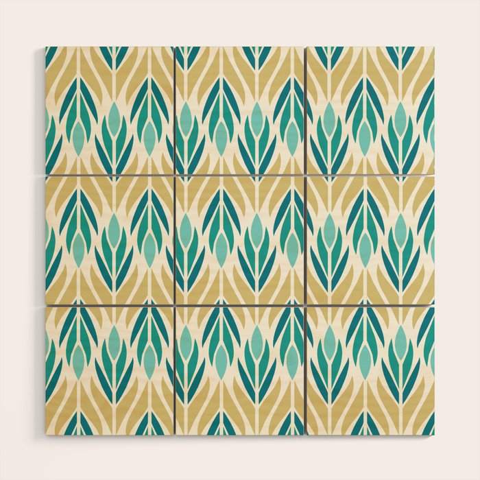 Mid Century Modern Abstract Floral Pattern in Turquoise Teal Aqua and Marigold Wood Wall Art Gallery Image 1
