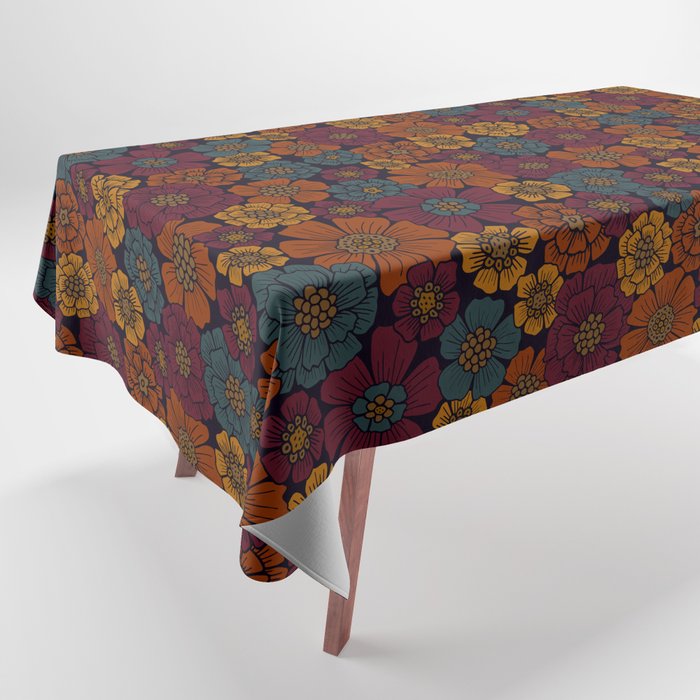 Dark Burgundy, Teal & Mustard Floral Tablecloth Gallery Image 1