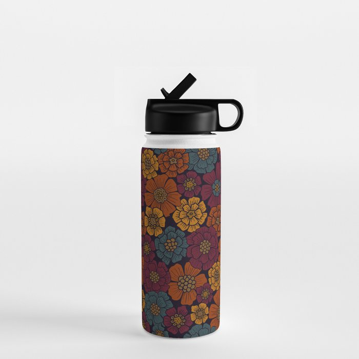 Dark Burgundy, Teal & Mustard Floral Water Bottle Gallery Image 1
