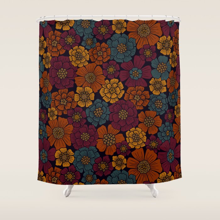 Dark Burgundy, Teal & Mustard Floral Shower Curtain Gallery Image 1