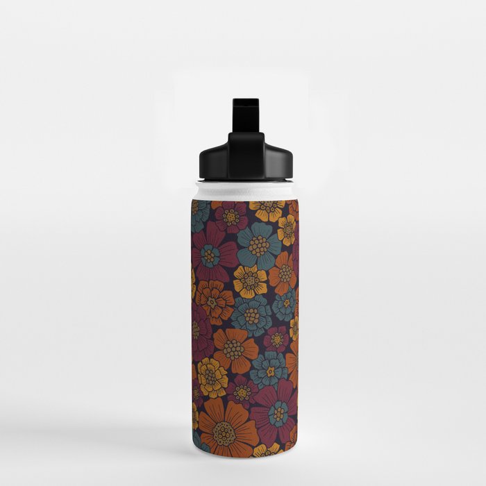 Dark Burgundy, Teal & Mustard Floral Water Bottle Gallery Image 2