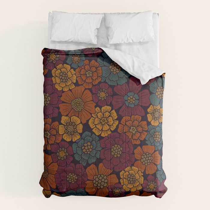 Dark Burgundy, Teal & Mustard Floral Comforter Gallery Image 6