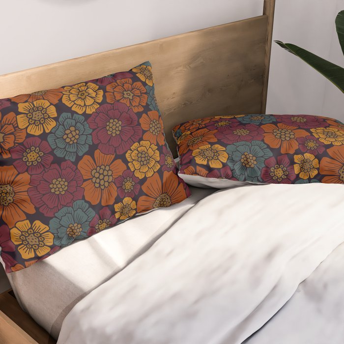 Dark Burgundy, Teal & Mustard Floral Pillow Sham Gallery Image 2