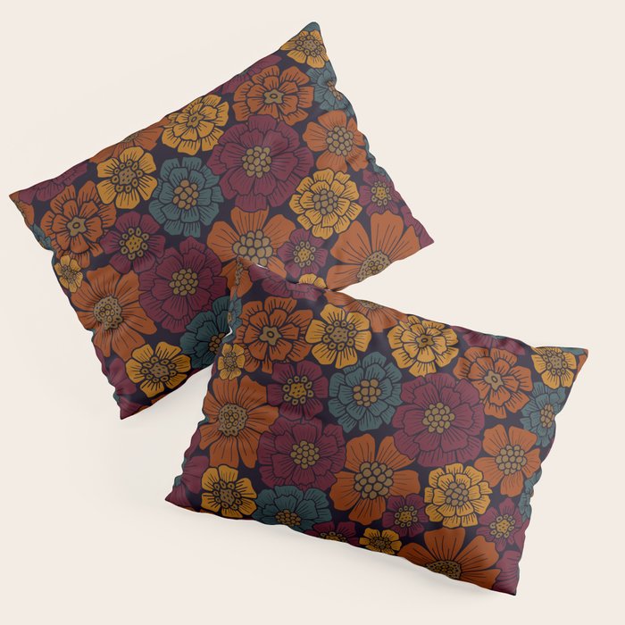Dark Burgundy, Teal & Mustard Floral Pillow Sham Gallery Image 3