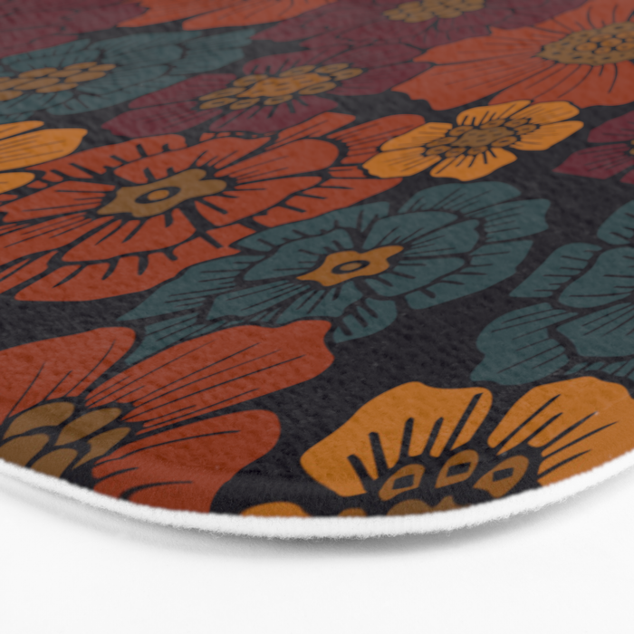 Dark Burgundy, Teal & Mustard Floral Bath Mat Gallery Image 3