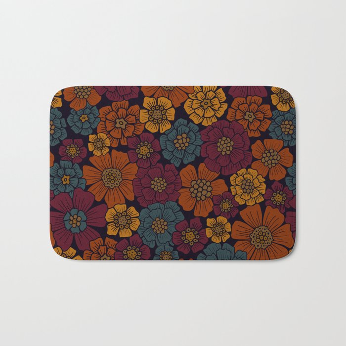Dark Burgundy, Teal & Mustard Floral Bath Mat Gallery Image 1