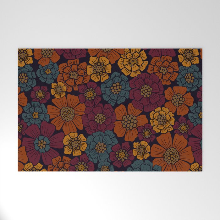 Dark Burgundy, Teal & Mustard Floral Welcome Mat Gallery Image 1