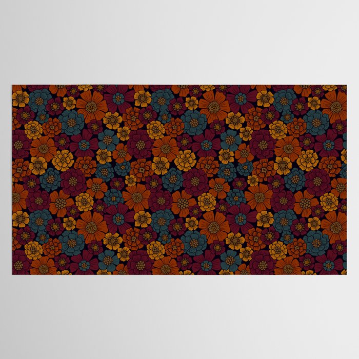 Dark Burgundy, Teal & Mustard Floral Tablecloth Gallery Image 2