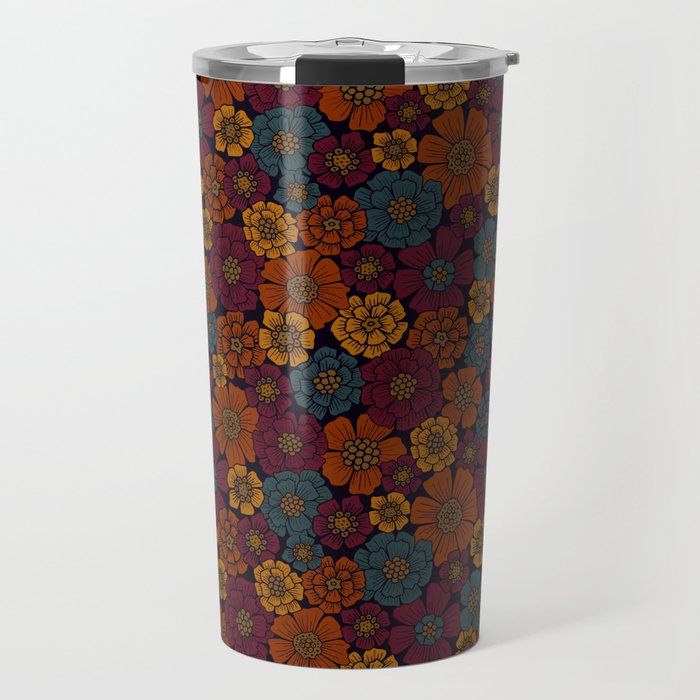 Dark Burgundy, Teal & Mustard Floral Travel Mug Gallery Image 1