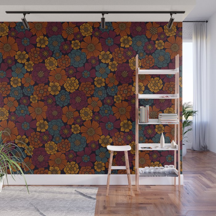 Dark Burgundy, Teal & Mustard Floral Wall Mural Gallery Image 1