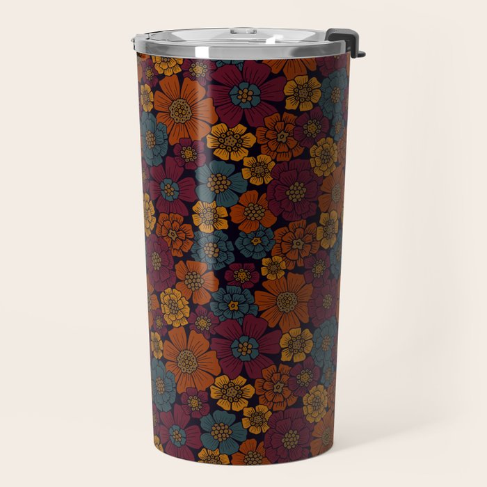 Dark Burgundy, Teal & Mustard Floral Travel Mug Gallery Image 2