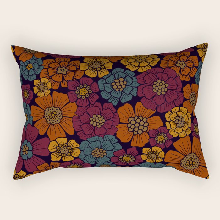 Dark Burgundy, Teal & Mustard Floral Rectangular Pillow Gallery Image 1