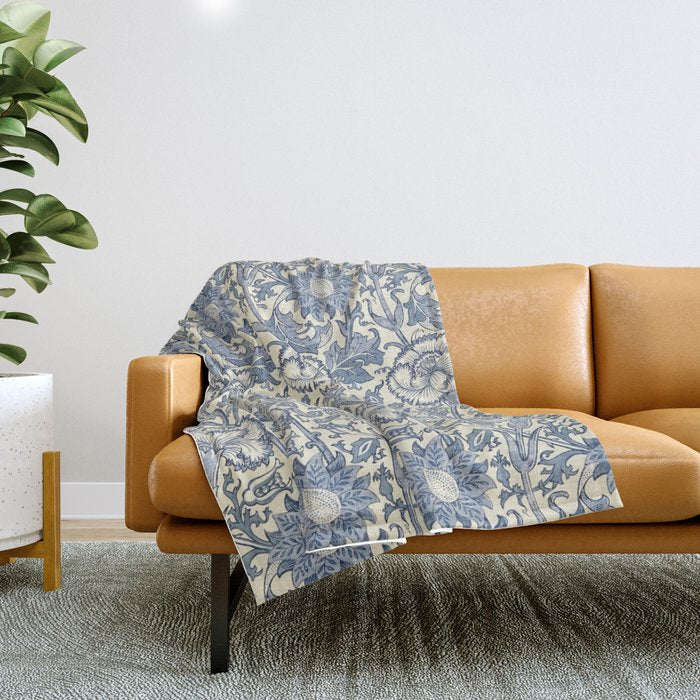 William Morris Pink and Rose China Blue Toile Throw Blanket Gallery Image 1