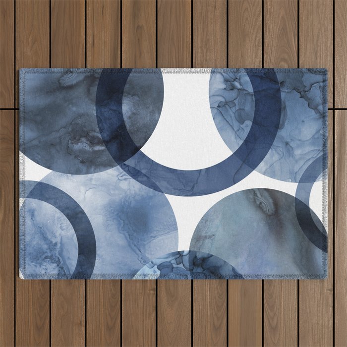 Mid Century Modern Abstract Shapes Navy Blue Outdoor Rug Gallery Image 1