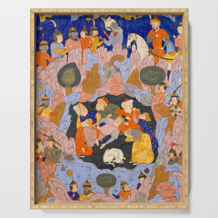 The Seven Sleepers of Ephesus Discovered by Alexander the Great, Folio from a Falnama (Book of Omens)  Serving Tray Gallery Image 1