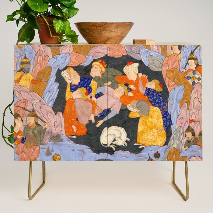 The Seven Sleepers of Ephesus Discovered by Alexander the Great, Folio from a Falnama (Book of Omens)  Credenza Gallery Image 1