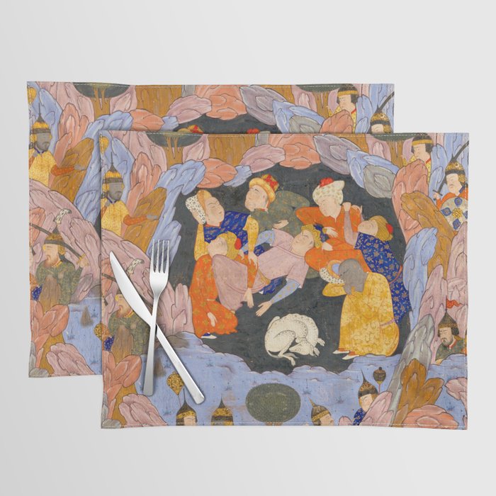 The Seven Sleepers of Ephesus Discovered by Alexander the Great, Folio from a Falnama (Book of Omens)  Placemat Gallery Image 1