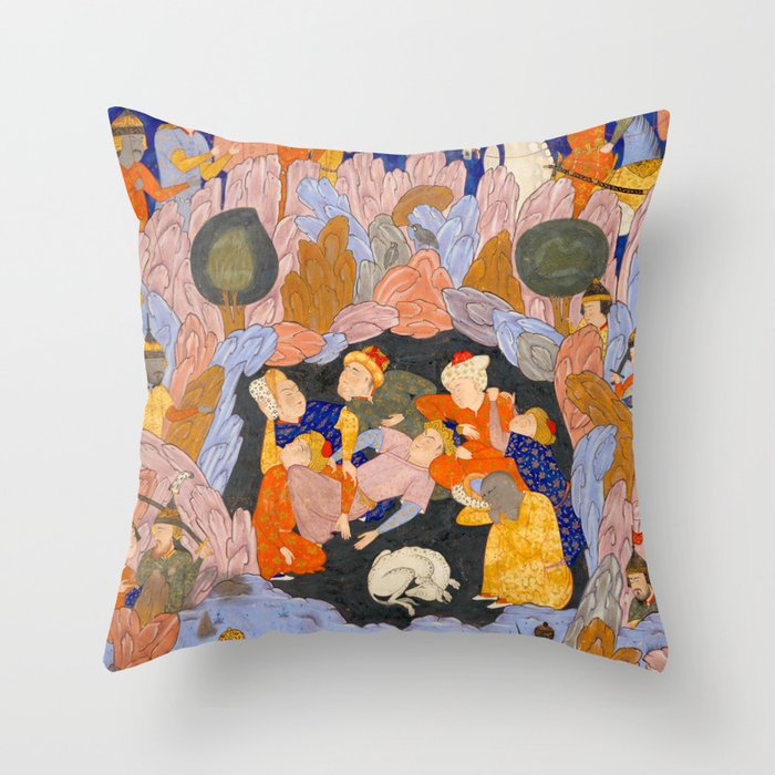 The Seven Sleepers of Ephesus Discovered by Alexander the Great, Folio from a Falnama (Book of Omens)  Throw Pillow Gallery Image 1