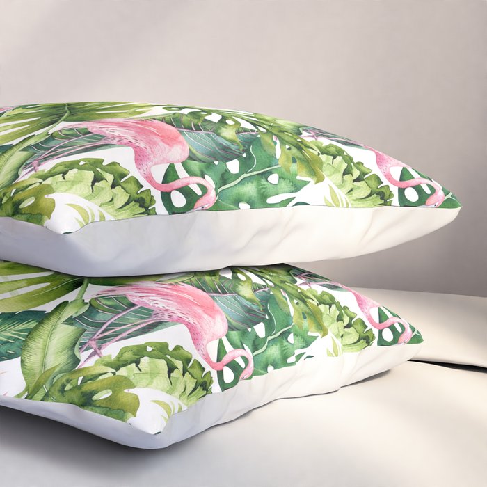 Flamingo Tropical, Colorful Tropical Jungle Monstera Painting, Watercolor Birds Banana Leaves Pillow Sham Gallery Image 3