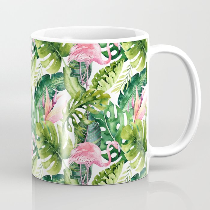 Flamingo Tropical, Colorful Tropical Jungle Monstera Painting, Watercolor Birds Banana Leaves Coffee Mug Gallery Image 1