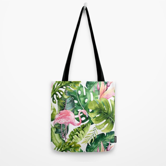 Flamingo Tropical, Colorful Tropical Jungle Monstera Painting, Watercolor Birds Banana Leaves Tote Bag Gallery Image 2