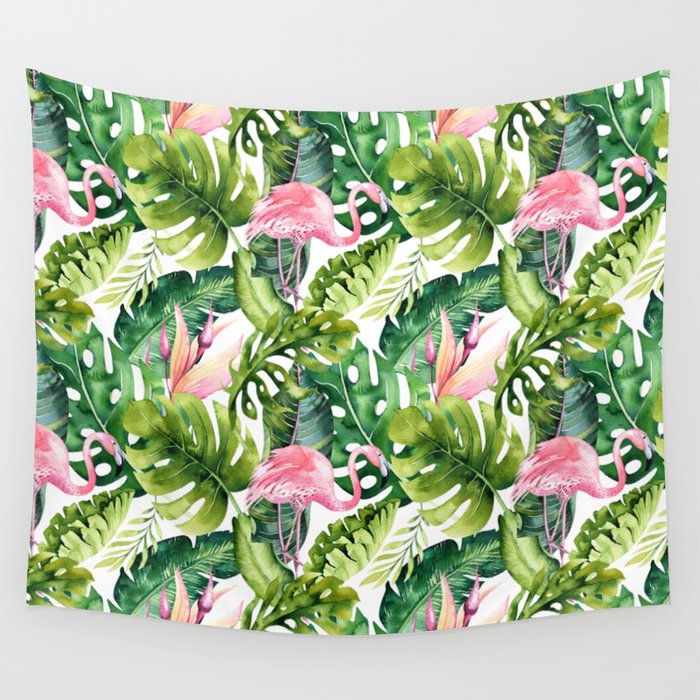 Flamingo Tropical, Colorful Tropical Jungle Monstera Painting, Watercolor Birds Banana Leaves Wall Tapestry Gallery Image 4