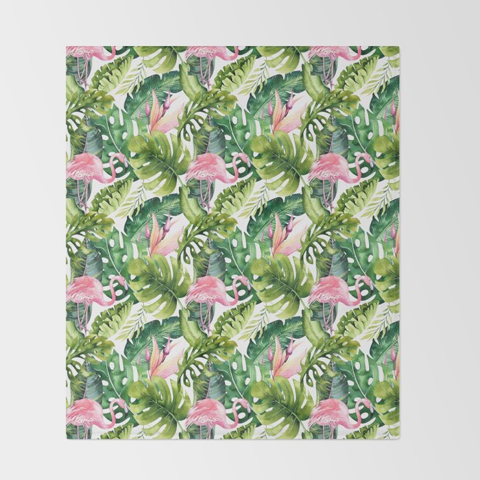 Flamingo Tropical, Colorful Tropical Jungle Monstera Painting, Watercolor Birds Banana Leaves Throw Blanket Gallery Image 2