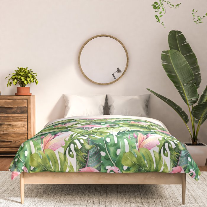 Flamingo Tropical, Colorful Tropical Jungle Monstera Painting, Watercolor Birds Banana Leaves Comforter Gallery Image 3