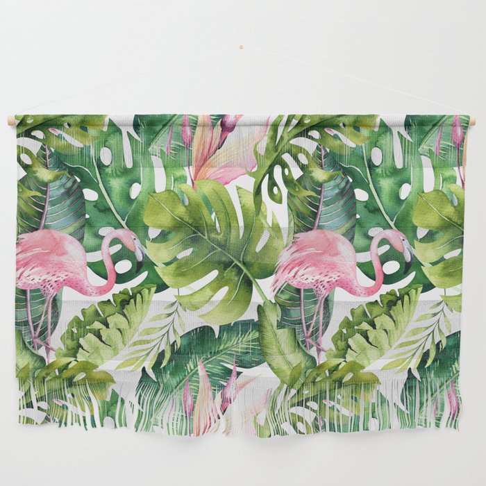 Flamingo Tropical, Colorful Tropical Jungle Monstera Painting, Watercolor Birds Banana Leaves Wall Hanging Gallery Image 1