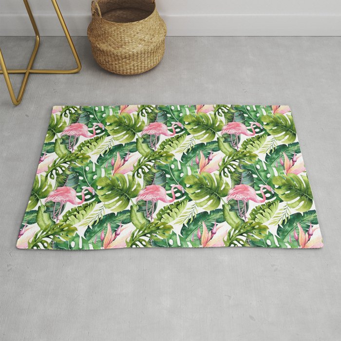 Flamingo Tropical, Colorful Tropical Jungle Monstera Painting, Watercolor Birds Banana Leaves Rug Gallery Image 1