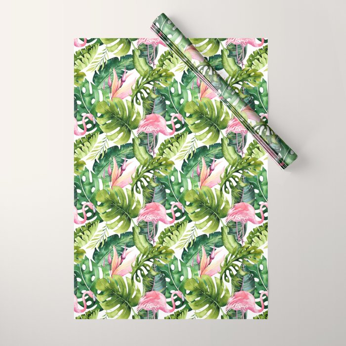 Flamingo Tropical, Colorful Tropical Jungle Monstera Painting, Watercolor Birds Banana Leaves Wrapping Paper Gallery Image 1