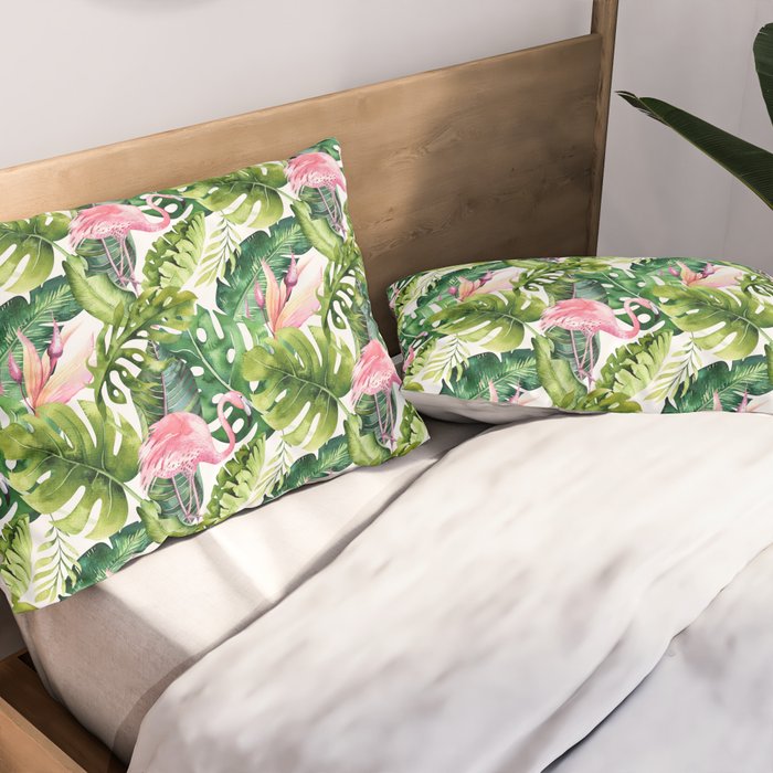 Flamingo Tropical, Colorful Tropical Jungle Monstera Painting, Watercolor Birds Banana Leaves Pillow Sham Gallery Image 2