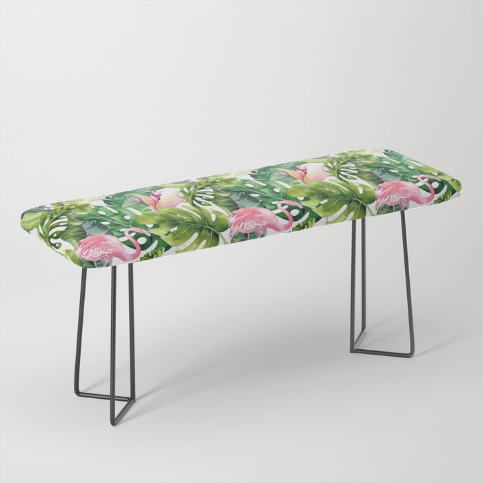 Flamingo Tropical, Colorful Tropical Jungle Monstera Painting, Watercolor Birds Banana Leaves Bench Gallery Image 1