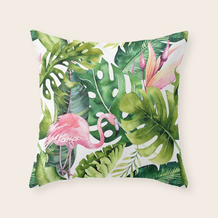 Flamingo Tropical, Colorful Tropical Jungle Monstera Painting, Watercolor Birds Banana Leaves Throw Pillow Gallery Image 6