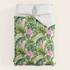 Flamingo Tropical, Colorful Tropical Jungle Monstera Painting, Watercolor Birds Banana Leaves Comforter Gallery Image 6