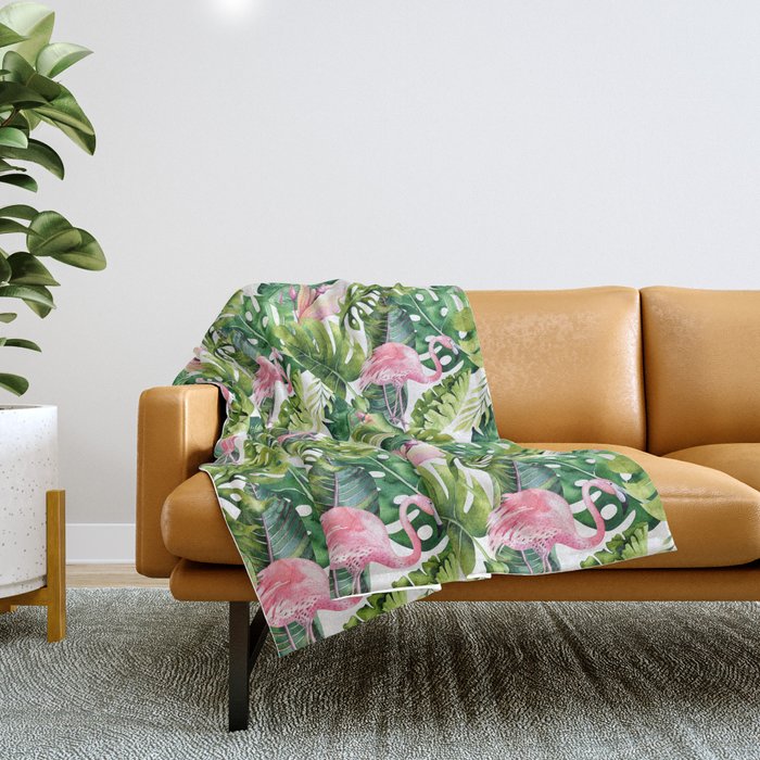 Flamingo Tropical, Colorful Tropical Jungle Monstera Painting, Watercolor Birds Banana Leaves Throw Blanket Gallery Image 1