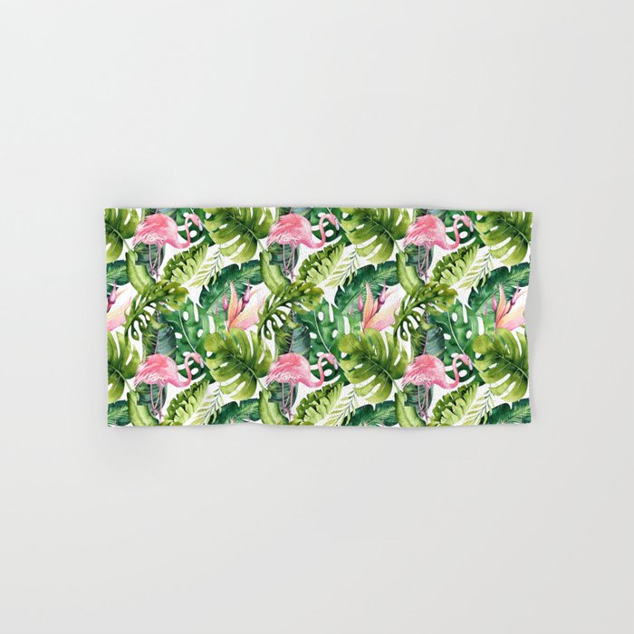 Flamingo Tropical, Colorful Tropical Jungle Monstera Painting, Watercolor Birds Banana Leaves Towels Gallery Image 1