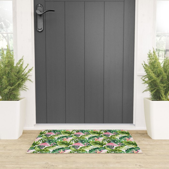 Flamingo Tropical, Colorful Tropical Jungle Monstera Painting, Watercolor Birds Banana Leaves Welcome Mat Gallery Image 3