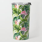 Flamingo Tropical, Colorful Tropical Jungle Monstera Painting, Watercolor Birds Banana Leaves Travel Mug Gallery Image 2