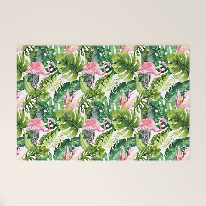 Flamingo Tropical, Colorful Tropical Jungle Monstera Painting, Watercolor Birds Banana Leaves Welcome Mat Gallery Image 1