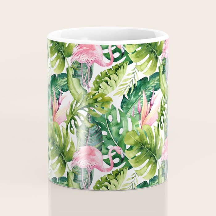 Flamingo Tropical, Colorful Tropical Jungle Monstera Painting, Watercolor Birds Banana Leaves Coffee Mug Gallery Image 4