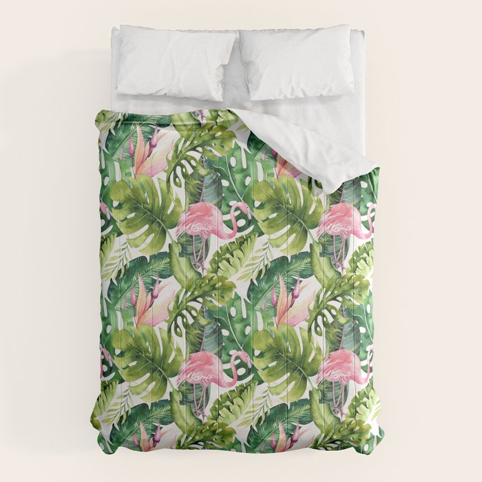 Flamingo Tropical, Colorful Tropical Jungle Monstera Painting, Watercolor Birds Banana Leaves Comforter Gallery Image 1