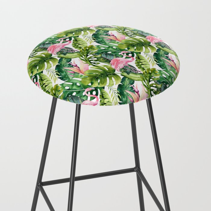 Flamingo Tropical, Colorful Tropical Jungle Monstera Painting, Watercolor Birds Banana Leaves Stool Gallery Image 2