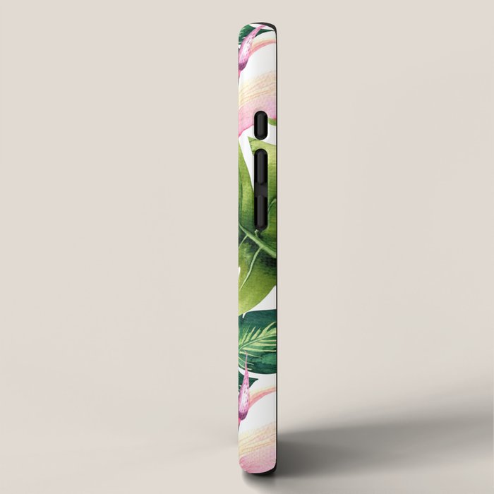 Flamingo Tropical, Colorful Tropical Jungle Monstera Painting, Watercolor Birds Banana Leaves iPhone Case Gallery Image 2