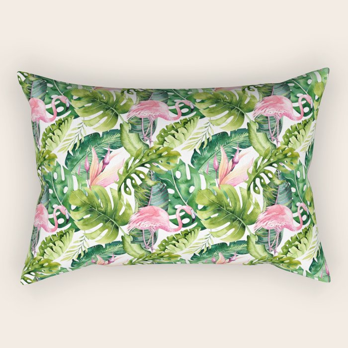 Flamingo Tropical, Colorful Tropical Jungle Monstera Painting, Watercolor Birds Banana Leaves Rectangular Pillow Gallery Image 2