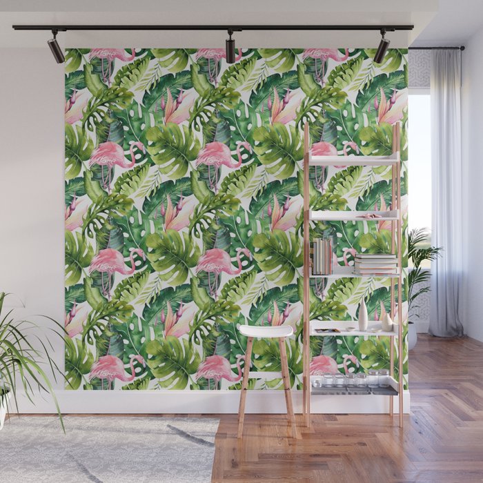 Flamingo Tropical, Colorful Tropical Jungle Monstera Painting, Watercolor Birds Banana Leaves Wall Mural Gallery Image 1