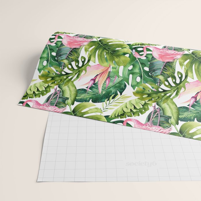 Flamingo Tropical, Colorful Tropical Jungle Monstera Painting, Watercolor Birds Banana Leaves Wrapping Paper Gallery Image 2